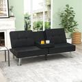 Ebern Designs Jamalle 65"W Modern Retro Vegan Convertible Upholstered Reclining Sofa w/ Cup Holder Faux in Black | Wayfair