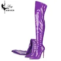 Bottes pour femmes au dessus du genou en cuir verni bout pointu couture fermeture éclair dames bottes longues Sexy talons hauts chaussures Sapatos Femininos