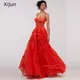 Xijun-Robe de Soirée Longue en Tulle Rouge pour Femme Ligne A Volants Sexy Longueur au Sol Bal