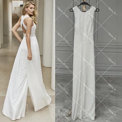 Combinaison de Mariage en Crêpe Jambes Larges Col Rond Fibre Taille Plus Moderne Boho