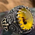 Bague vintage en pierre d'ambre simulée narpour hommes et femmes grand anneau en argent prairie