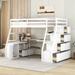 Twin Size White All-in-One Loft Bed w/ Desk & 7 Drawers, 2 Shelves Upholstered Platform Bed Frame, Space-Saving Easy Assembly