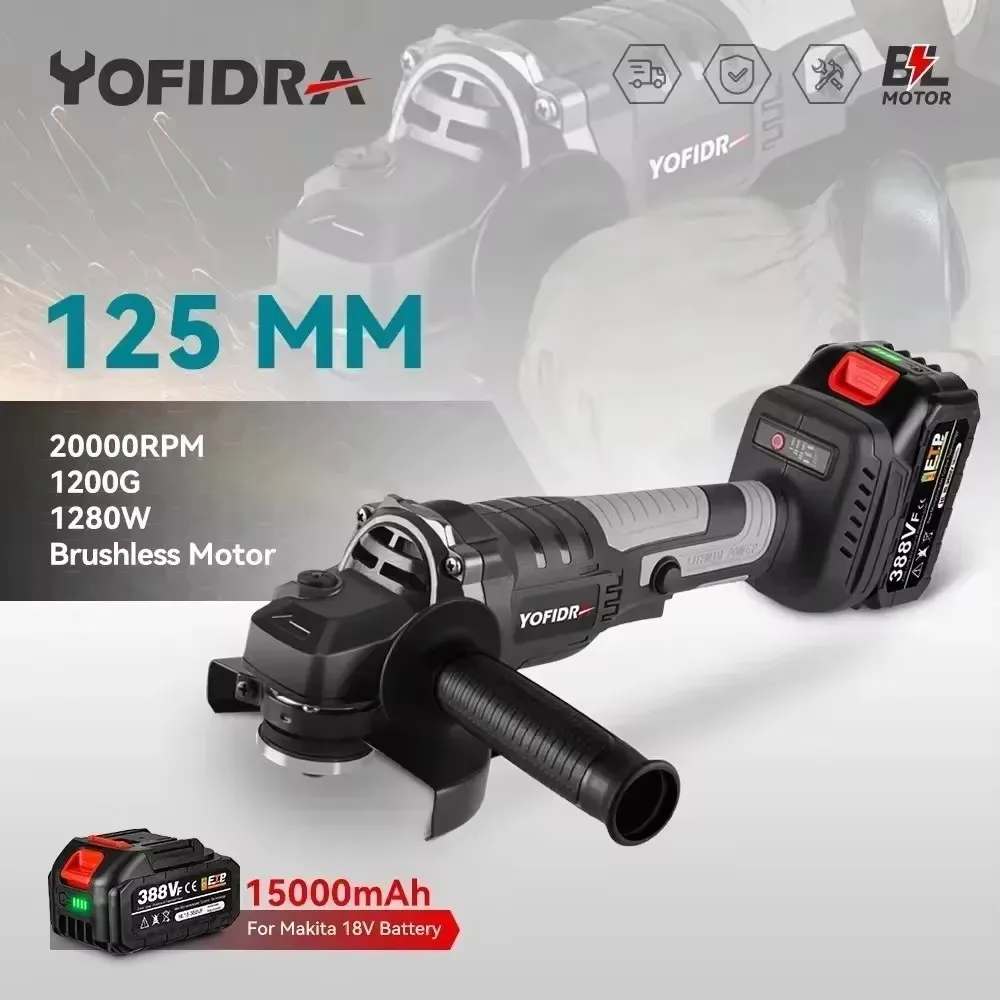Yofidra 125 MM Bürstenlosen Elektrischen Winkel Grinder M14 3 Gänge Schleifen Schneiden Polieren Holzbearbeitung Maschine Für Makita Batterie Pin Image