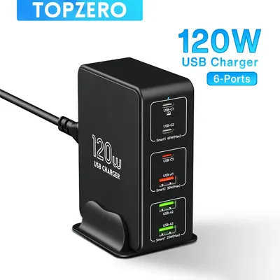 120w gan Ladegerät 6 Port Desktop Multi USB Ladegerät 100w pd pps qc 4,0 Schnell ladegerät für Laptop Tablet iPhone 15 Samsung S23 Ultra