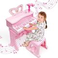 37 Keys Electronic Musical Instrument for Girls Gift Educational Music Toy with Detachable Legs, Microphone, Multiple Music Modes, Light, Stool