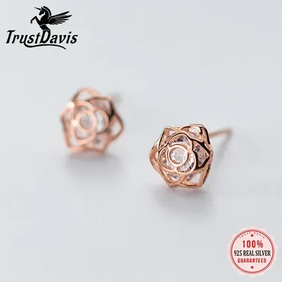 TrustDavis Echt 925 Sterling Silber Mode Rose Blume Glänzende CZ Stud Ohrringe Für Frauen Hochzeit