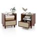 2 Pieces Bamboo Rattan Nightstand with Drawer and Solid Wood Legs