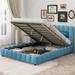 Queen Linen Upholstered Bed Frame Low-profile Platform Bed w/ Built-in Shelf LED Headboard, USB, No Box Spring Needed, Blue