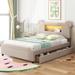 Full Size Lovely Bear Theme Kids Bed Upholstered Platform Bed with 2 Drawers, LED Night & USB, Fairytale Theme Kids Bed, Beige