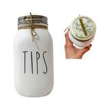 TIPS Jar - White Painted and Distressed Mason Jar Tip Jar for Money Restaurant 32 oz. Regular Mouth Mason Jar with Coin Slot Quart Size Painted Mason Jar Bartender Salon Tip Jar with Lid Glass