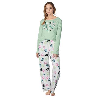 Women's Pajama Set (Size 3X) Paw Prints/Crystal Green, Cotton,Polyester