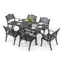 Nuu Garden 7-Piece Cast Aluminum Outdoor Patio Dining Set for 6-Person Outdoor Furniture Sets with Umbrella Hole Anti-rust Vintage Patterns Dining Set Black with Gold Speckles