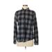 J.Crew Long Sleeve Button Down Shirt: High Neck Covered Shoulder Blue Checkered/Gingham Tops - Women's Size 2