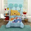 Disney Winnie The Pooh Funny Friends Aqua, Gold, Blue and Orange, Tigger, Eeyore and Piglet 4 Piece Toddler Bed Set - Comforter, Fitted Bottom Sheet, Flat Top Sheet, and Reversible Pillowcase