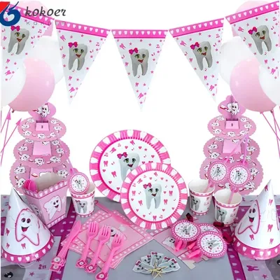 Fournitures de décoration de fête rose pour fille mon premier ballon à dents assiettes en papier