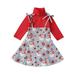 Qtinghua Toddler Baby Girls Christmas Outfits Long Sleeve Turtleneck T-shirt with Santa Claus Flower Print Slip Dress Fall Outfits Red 3T