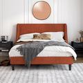 Red Barrel Studio® Toderick Platform Bed w/ Deluxe Wingback & Linen Blend Upholstered/Metal in Orange | 44.9 H x 57.1 W x 77.4 D in | Wayfair