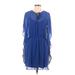 Express Casual Dress - Mini Tie Neck 3/4 sleeves: Blue Print Dresses - Women's Size Large