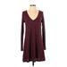 Express Casual Dress - Mini V Neck Long sleeves: Burgundy Marled Dresses - Women's Size Medium