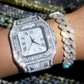 Montre-bracelet cloutée Moissanite en acier inoxydable montres glacées Hip Hop buste vers le bas