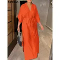 VONDA-Robe longue élégante pour femme taille élastique manches longues couleur unie col en V