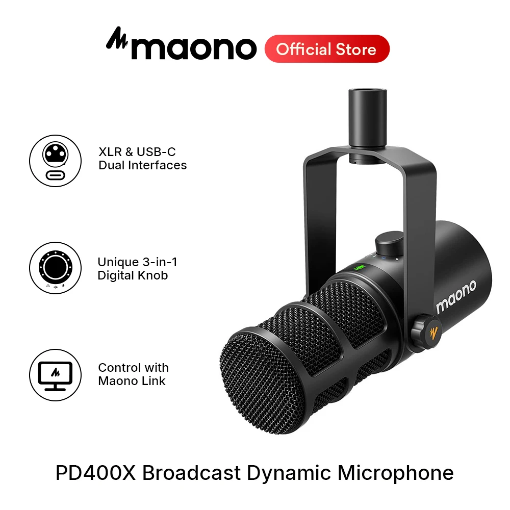 Microfono dinamico Maono USB/XLR tutto in metallo con Jack per cuffie con guadagno muto One-Touch e controllo del Volume per lo Streaming Podcasting PD400X