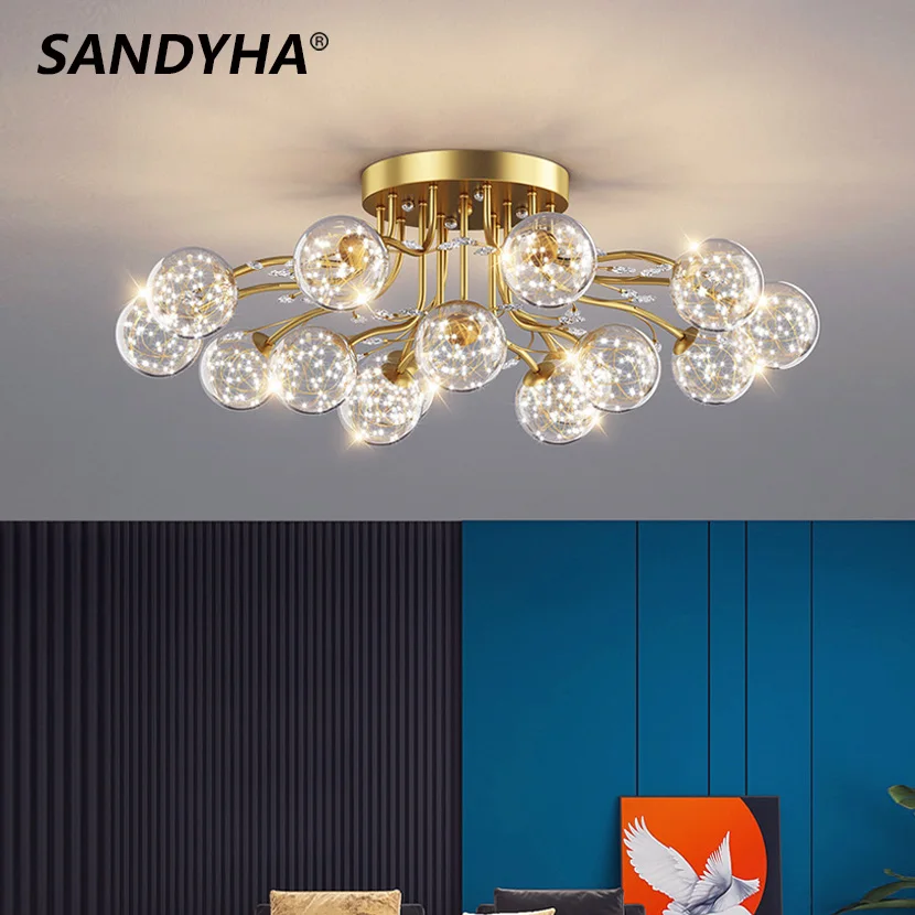 Sandyha neue LED Schwarz gold Kronleuchter klare Stern Milch weiß Glaskugel Decken leuchte mit Kristall Wohnzimmer Dekor Pendel leuchten