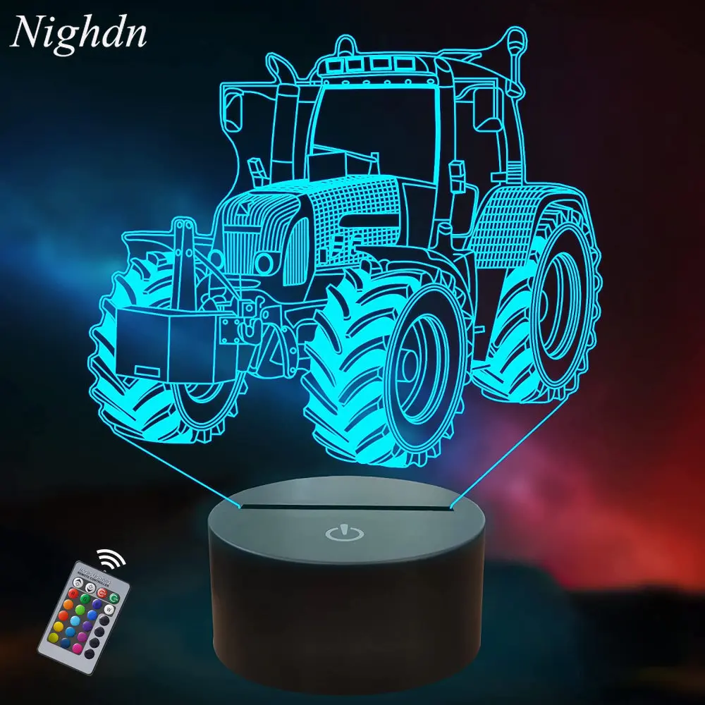 Nacht-3D-Illusionslampe, Traktor-Nachtlicht mit Fernbedienung, 16-farbwechselnde Nachttischlampe für Kinder, Traktor, Geschenke für Jungen