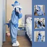 Damenpyjama mit Kapuze aus Flanell mit Cartoon-Süßem Hai Nachtwäsche Overall für Damen Set
