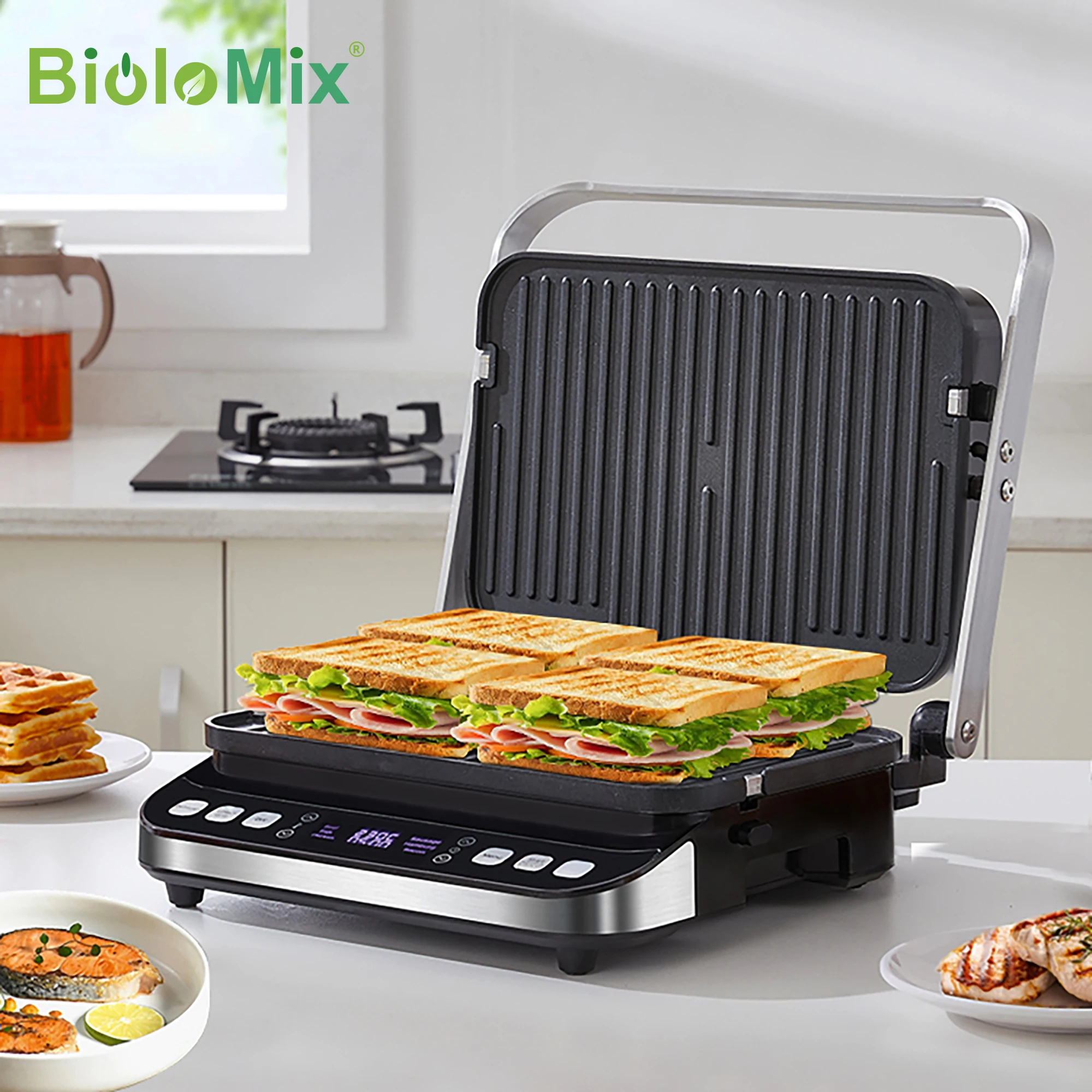 BioloMix 2000W 6-in-1 Elektrische Grills für Grill, Digitale Bratpfanne, sandwich und Panini Presse, Optional Waffel Maker Platten Image