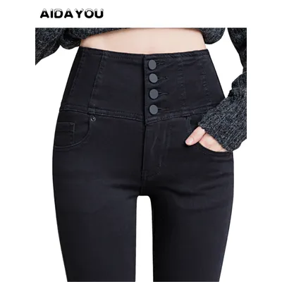 Button Fly Jeans High Waist Front for Women Tummy Control Stretch Denim Black Petite XS - 4XL Dress Pants With Pocket ouc433