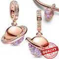 Luxury 925 Sterling Silver Confession Pink Globe Charm Fit Pandora Bracelet Rose Gold Pendant DIY