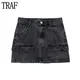 TRAF 2023 Denim Cargo Skirt Women Jeans Mini Skirts for Women Button Mid Waist Woman Skirt Autumn