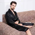 Large Size Men Robe Kimono Bathrobe Gown with Pocket Black Silk Satin Sleepwear Nightwear Spring