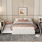 Queen Size Leather Upholstered Bed Frame with Pull-out Twin XL Trundle Bed, 2 Drawers Storage Bed, No Headboard Open Frame Bed