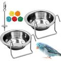 2 Pack Bird Feeder Birds Bowls Stainless Steel Dishes Coop Cups with Wire Hook Parrot Feeding Dish Cups Food Water Bowls with Bird Food Holder and Rattan Ball for Finches Lovebirds (Set 1)