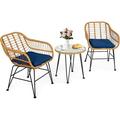 3 Pieces Patio Bistro Set Rattan Conversation Set with 2 Cushioned Armchairs & Round Glass Coffee Table Indoor Outdoor Wicker Furniture Set for Balcony Backyard Garden Poolside (Navy)