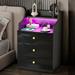 Wrought Studio™ Nightstand w/ LED Light Charging Station 3 Drawer Night Stand End Table Bed Side Gillyan in Black | Wayfair