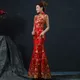 Rosso Cinese Abito Da Sposa Femminile Lunga A Manica Corta Cheongsam Oro Sottile Vestito