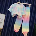 Ragazze 2023 estate nuova moda ghiaccio seta arcobaleno colore sfumato sciolto 2 pezzi t-shirt +