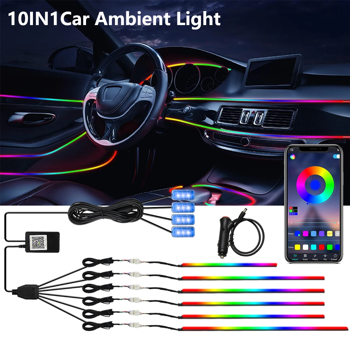 Symphony 10IN1 Luce ambientale per auto LED colorato Neon Interni Arcobaleno Acrilico Striscia guida luminosa Luce decorativa per atmosfera auto