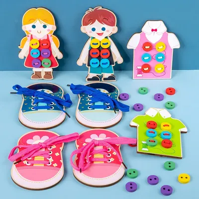 Bambini scarpe di legno vestiti Puzzle giocattoli bambino giocattoli educativi Montessori Snap Lace