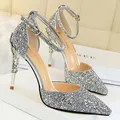 BIGTREE Scarpe Tacchi 2025 Nuova Donna Décolleté Paillettes Tacchi alti Scarpe da donna Scarpe da donna di moda Sandali con tacco a spillo in nastro dorato