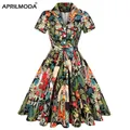 2023 Summer Cotton Vintage Midi Party Dress manica corta 4XL Robe Femme Swing 1950s Retro Floral