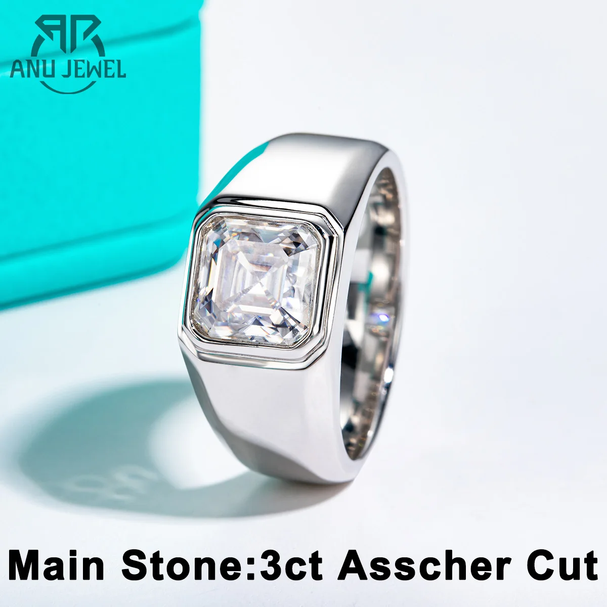 AnuJewel 3ct Asscher Cut D Color Moissanite anelli di fidanzamento placcato oro S925 anelli di lusso in argento per uomo gioielli doganali