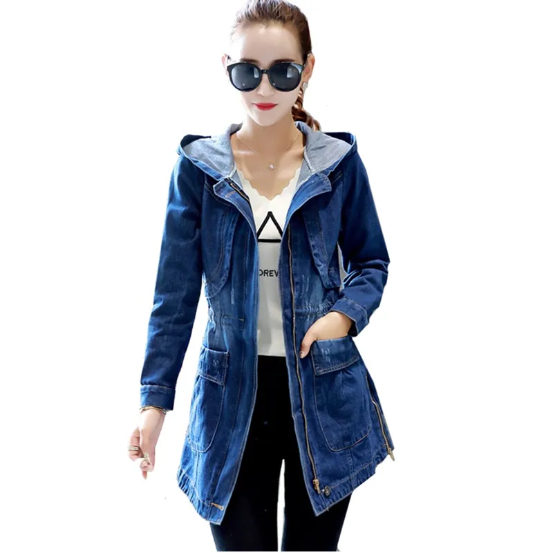 Giacca di Jeans con cappuccio Donne Giubbotti di Autunno della Molla Allentato Vintage a maniche lunghe Giacca di Jeans Casual Studente Cappotto Del Denim Sottile Più Il formato 5XL
