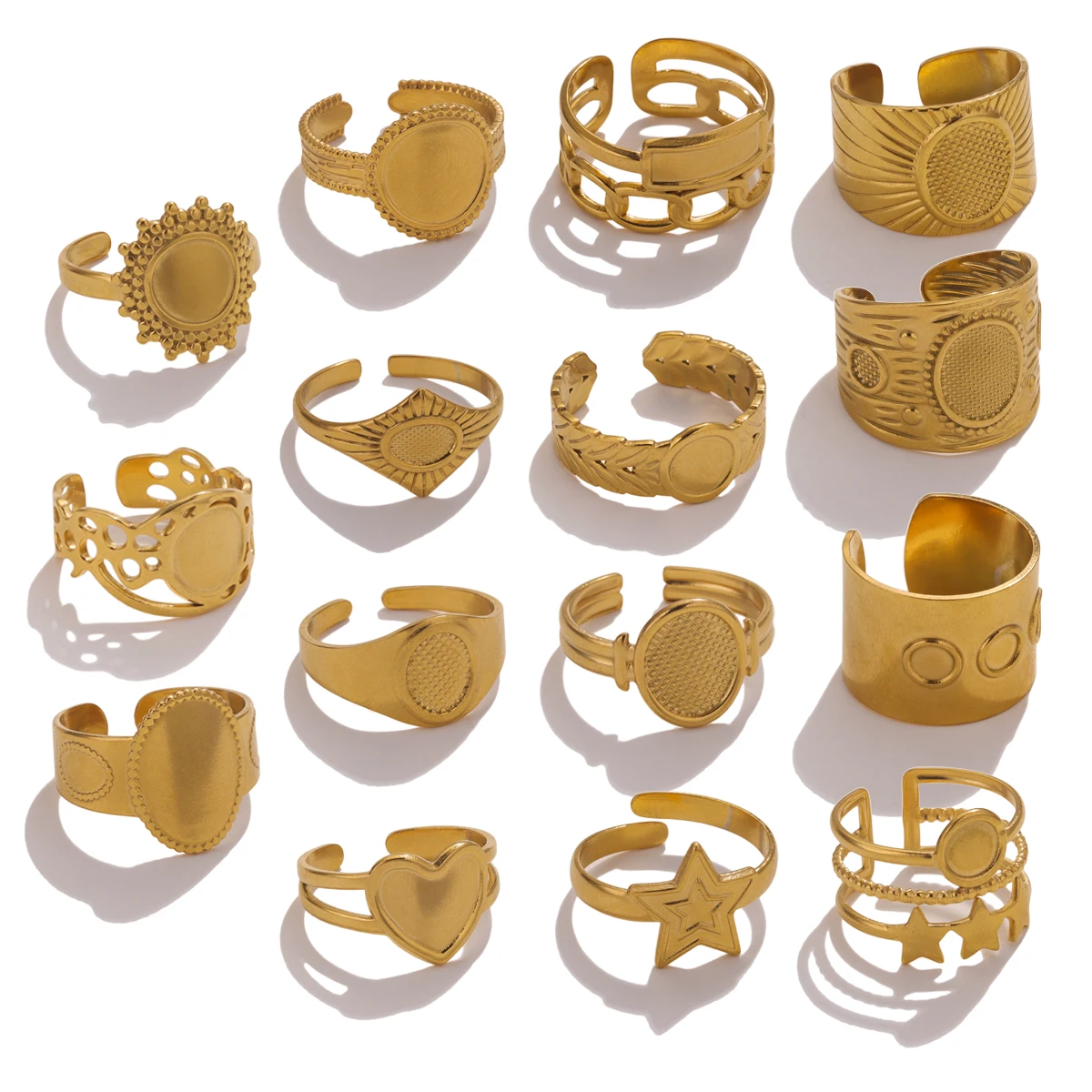 4pc 18K Oro PVD Placcato Acciaio Inossidabile Anello Aperto Impostazioni Piatto Base Vuota Grande Rotondo Ovale Vassoio In Resina Anello Lunetta Creazione di Gioielli