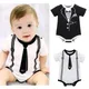 Baby Boy Gentlemen Rompers Bow Tie 0-12M Infant Kids Jumpsuit Black White Gray Tie Print Formal