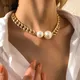 IngeSight.Z Vintage Chunky Thick Curb Chain Choker Necklace for Women Punk Big Round Imitation Pearl