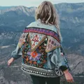 Jacket Women's Spring Boho Denim for Women Floral Appliques Embroidery Vintage Coat Long Sleeve